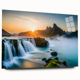 Acrylic glass wall art piece showcasing a serene waterfall landscape design, displayed from the side view, highlighting its glossy finish and modern aesthetic. The artwork is perfect for enhancing any living space with a touch of nature-inspired elegance.