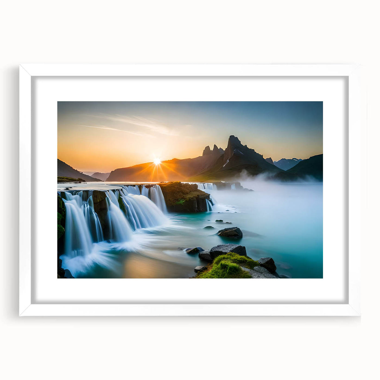 Framed wall art showcasing a stunning landscape waterfall design with vibrant blues and greens, set in a sleek white mat, ideal for home décor enhancement.