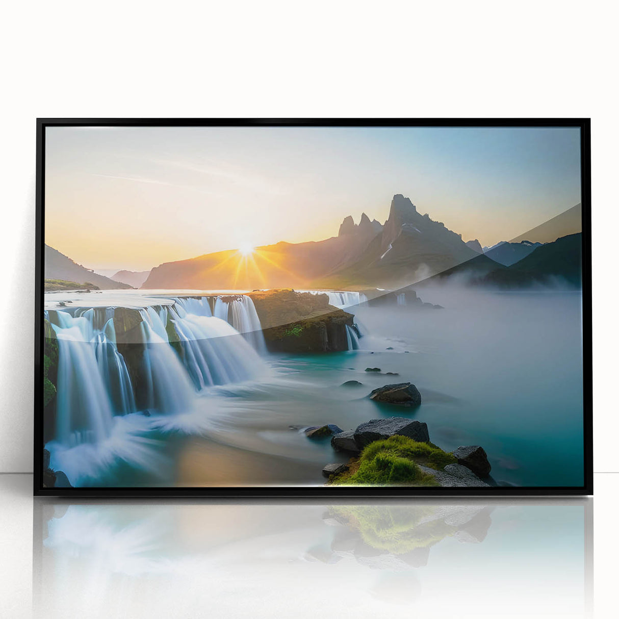Framed acrylic wall art featuring a vibrant landscape of waterfalls, designed in a modern style with a sleek black frame, ideal for enhancing home decor.