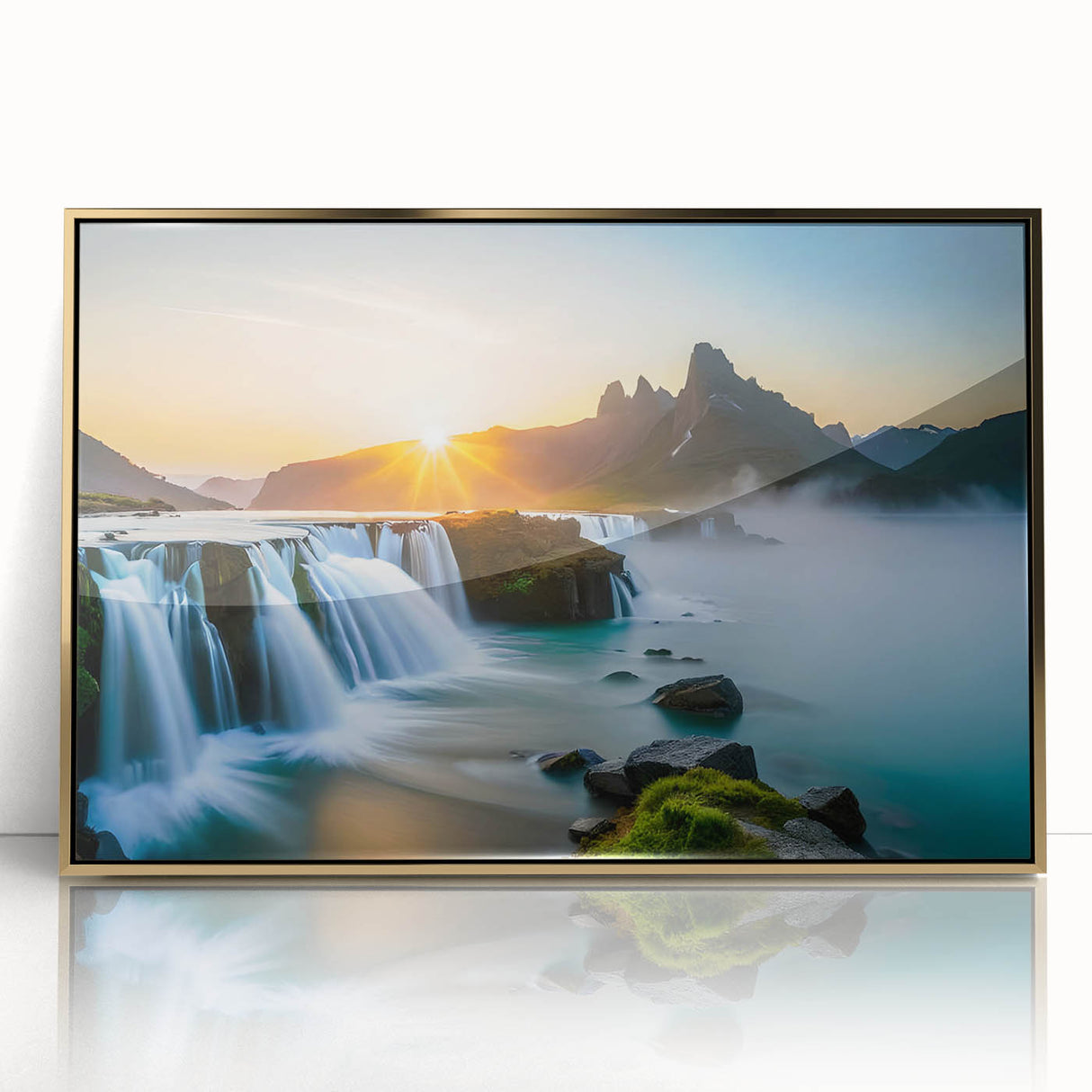 Framed wall art showcasing a stunning waterfall landscape design, featuring vibrant colors and a sleek gold frame, ideal for enhancing home decor aesthetics.