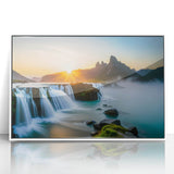 Framed acrylic wall art featuring a serene waterfall landscape design, set in a white frame, ideal for enhancing home decor with a touch of nature's beauty.