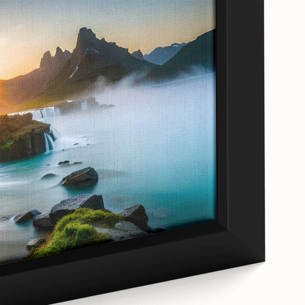 Close-up of a framed canvas wall art piece showcasing a vibrant waterfall landscape design, featuring rich blues and greens, ideal for home decor.