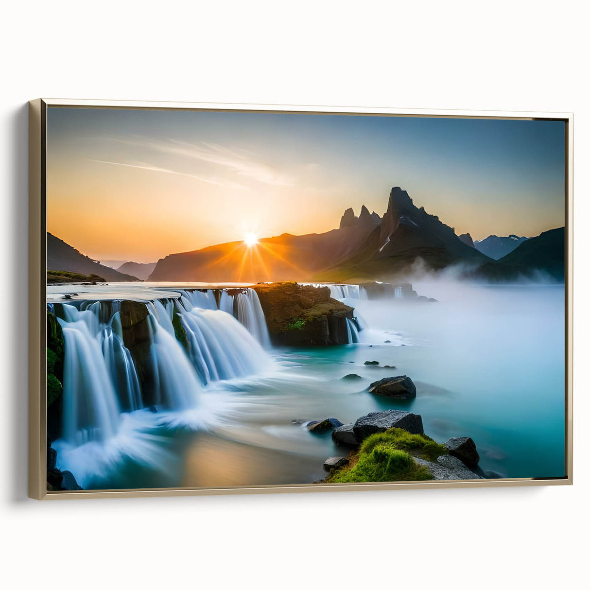 Framed canvas wall art featuring a stunning waterfall landscape design with vibrant colors, set against a gold frame, ideal for enhancing home decor.