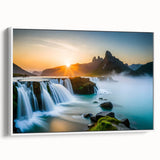 Framed canvas wall art showcasing a vibrant waterfall landscape with lush greenery, elegantly displayed from a side view, perfect for home decor enhancement.