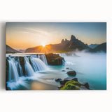 Stretched canvas wall art depicting a serene landscape with cascading waterfalls, lush greenery, and vibrant colors, perfect for enhancing home décor.