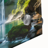 Close-up of a vibrant acrylic wall art piece showcasing a stunning waterfall landscape. The artwork features rich blues and greens, perfect for enhancing home decor.