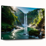 Acrylic wall art collection showcasing a serene waterfall landscape design, presented in a side view with mounting pins, perfect for nature-themed decor.
