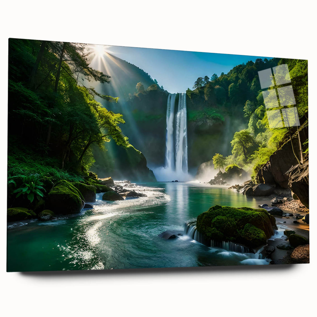 Acrylic glass wall art piece showcasing a vibrant waterfall landscape design, viewed from the side, highlighting its sleek edges and vivid colors, perfect for modern decor.