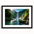 Framed wall art showcasing a serene waterfall landscape design, featuring a black mat and sleek black frame, perfect for enhancing home decor with nature's beauty.