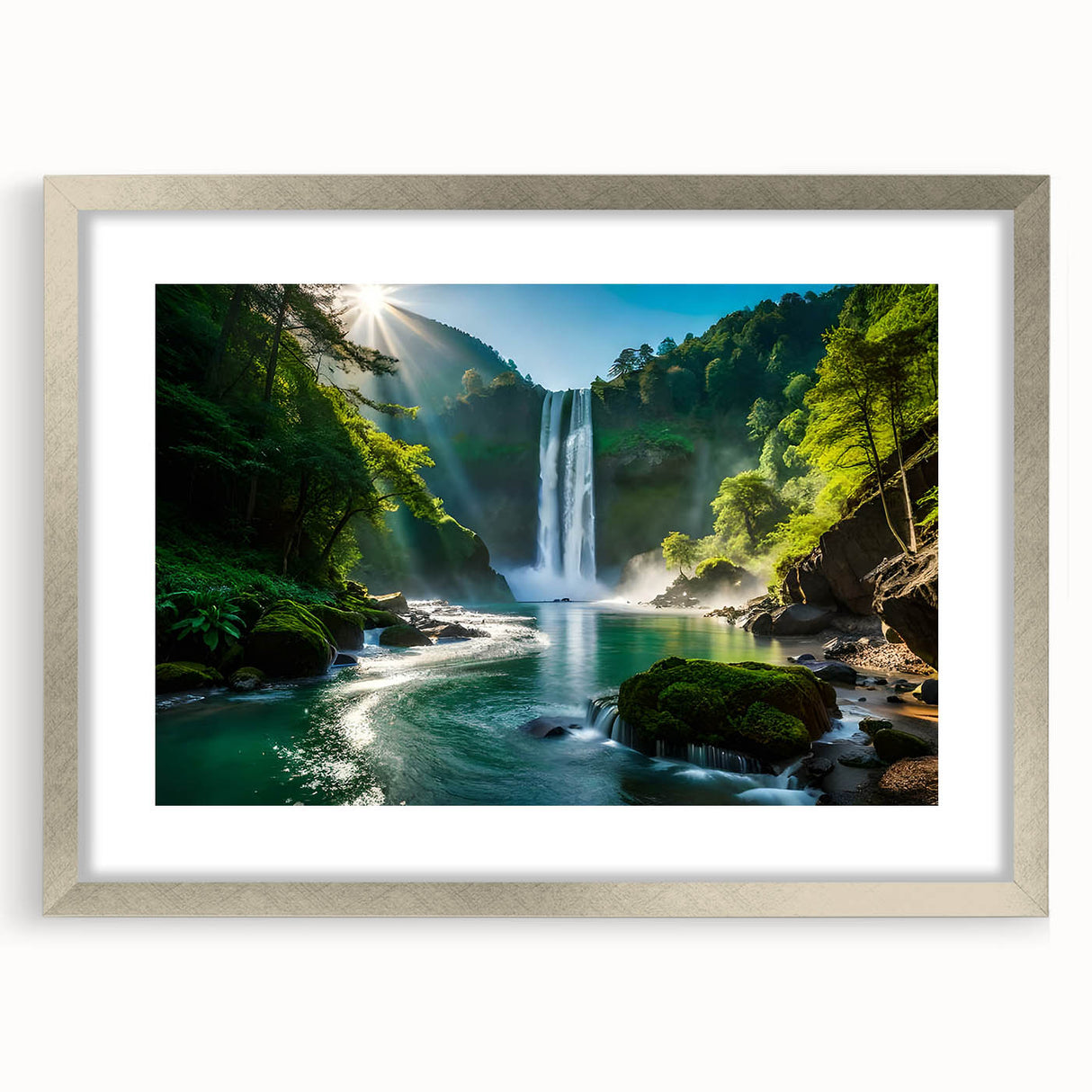 Framed wall art featuring a serene waterfall landscape design with a silver mat, ideal for enhancing home decor and creating a calming ambiance.