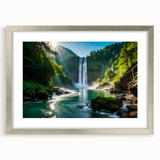 Framed wall art featuring a serene waterfall landscape design with a silver mat, ideal for enhancing home decor and creating a calming ambiance.