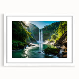 Framed wall art featuring a serene waterfall landscape design with vibrant colors, presented in a white mat and frame, ideal for home decor.