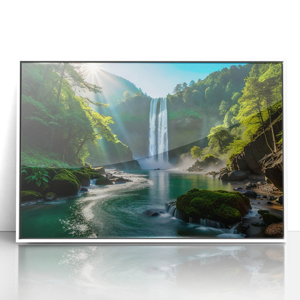 Framed acrylic wall art showcasing a vibrant waterfall landscape in a white frame, perfect for enhancing modern home decor with nature-inspired elegance.