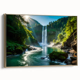 Framed canvas wall art showcasing a stunning waterfall landscape design with vibrant colors, featuring a gold frame, perfect for home decor accent.