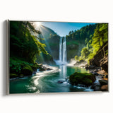 Framed canvas wall art showcasing a serene waterfall landscape, featuring vibrant colors and intricate details, set in a stylish silver frame for home decor.