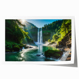 Stunning landscape featuring a cascading waterfall surrounded by lush greenery, designed as wall art for home décor, showcasing vibrant colors and serene beauty.
