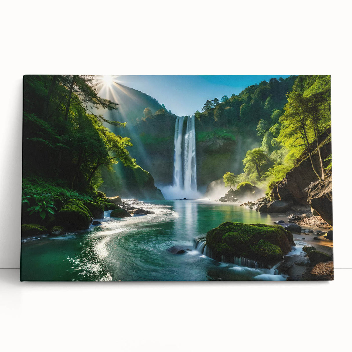 Stretched canvas wall art depicting a serene waterfall landscape, featuring vibrant greens and blues, elegantly leaning against a neutral backdrop for a tranquil aesthetic.