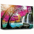 Acrylic glass wall art collection showcasing a vibrant waterfall landscape design, displayed from a side view with decorative pins for easy hanging.
