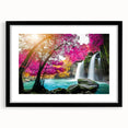 Framed wall art showcasing a stunning landscape waterfall design, featuring vibrant colors and a black mat, perfect for enhancing any home decor.