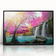 Framed acrylic wall art featuring a stunning landscape design of waterfalls, showcased in a sleek black frame, perfect for enhancing home decor with nature-inspired aesthetics.