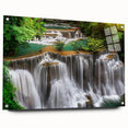 Acrylic glass wall art featuring vibrant landscapes and waterfalls, presented in a side view with pins for easy hanging, perfect for enhancing home decor.