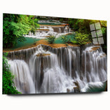 Acrylic glass wall art design showcasing a serene waterfall landscape in vibrant colors, viewed from the side without pins, ideal for modern home decor.