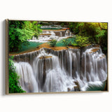Framed canvas wall art showcasing a stunning waterfall landscape design, featuring vibrant blues and greens with gold accents, perfect for home decor.