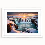 Framed wall art featuring a serene landscape of cascading waterfalls, surrounded by lush greenery, presented in a white mat for a clean, elegant look. Ideal for nature-themed decor.