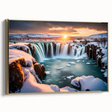 Framed wall art featuring a stunning waterfall landscape design, showcasing vibrant blues and greens, with a gold frame that enhances the aesthetic appeal, ideal for home decor.