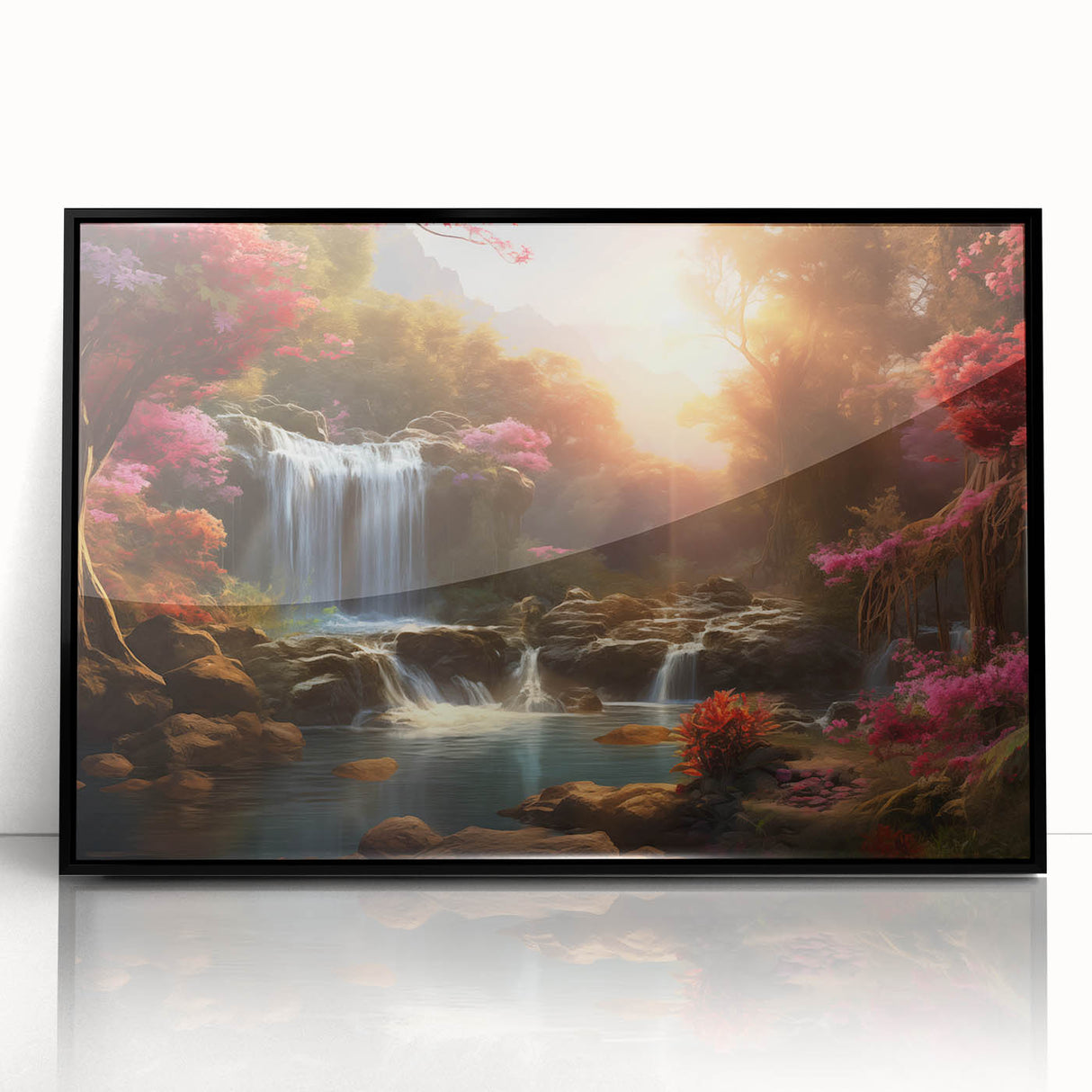 Framed acrylic wall art depicting a serene waterfall landscape, showcasing vibrant blues and greens, with a sleek black frame enhancing its modern aesthetic. Perfect for home decor.