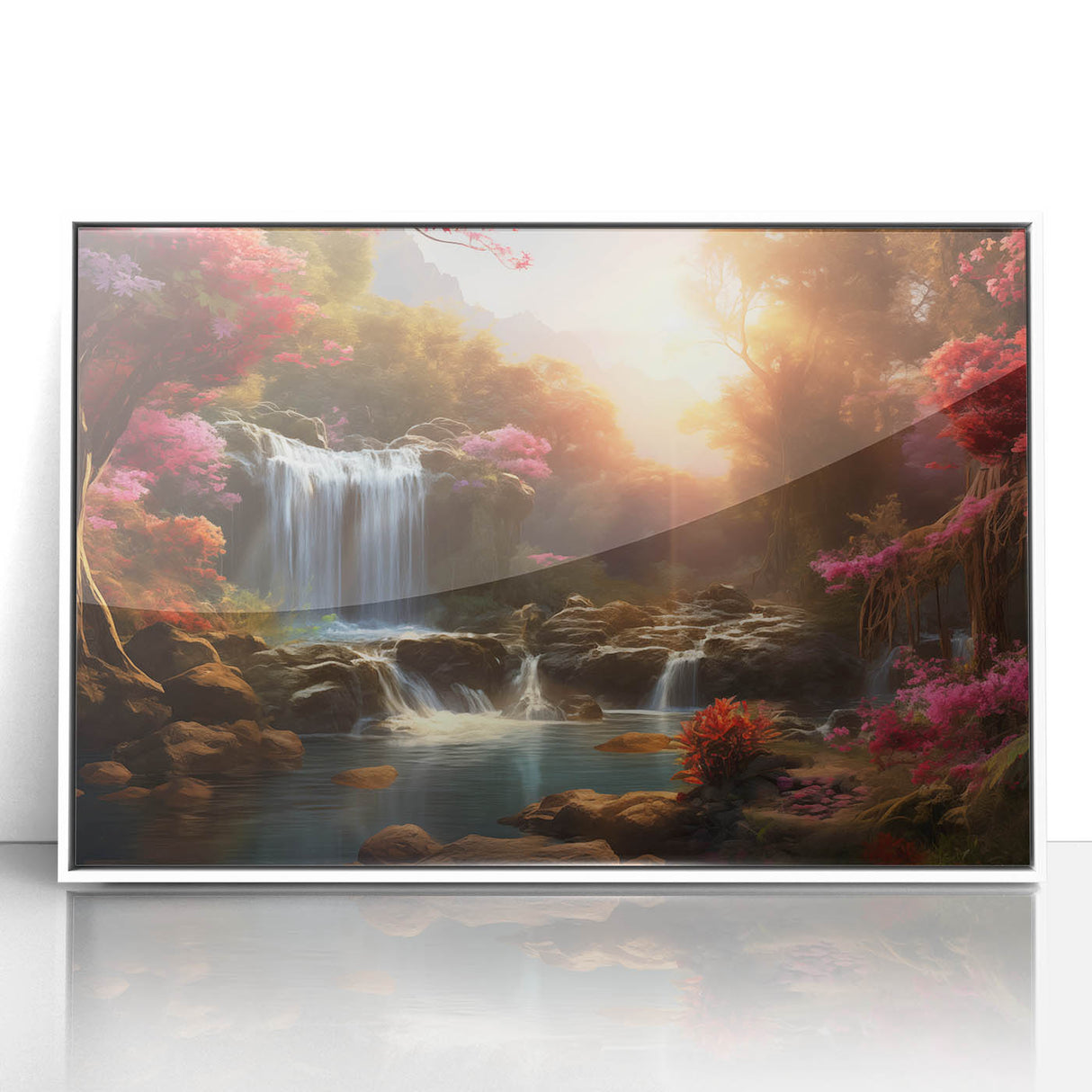 Framed wall art collection showcasing a serene waterfall landscape design in vibrant colors, set in a sleek white frame, perfect for home decor enhancement.