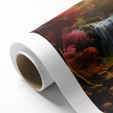 Vibrant rolled canvas artwork depicting a serene waterfall landscape with lush greenery, perfect for enhancing home decor and creating a tranquil atmosphere.