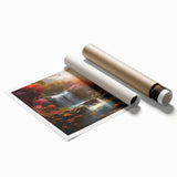 Rolled print of a serene waterfall landscape, showcasing vibrant blues and greens, perfect for home decor. Ideal for nature lovers, it adds tranquility to any space.