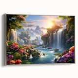 Framed canvas wall art of a serene waterfall landscape, showcasing vibrant blues and greens, with a sleek silver frame, perfect for home decor.