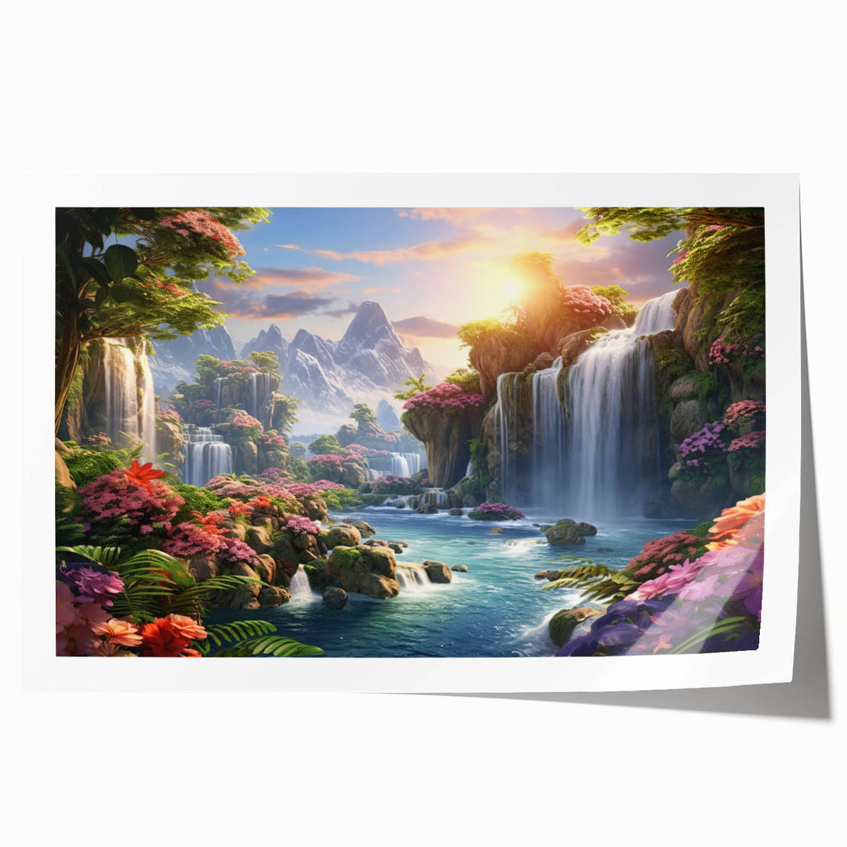 Lush waterfall landscape wall art print showcasing vibrant green foliage and cascading water, rolled and ready for framing, perfect for nature-inspired decor.