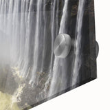 Close-up of a stunning acrylic glass wall art piece showcasing a vibrant waterfall landscape, with rich blues and greens, perfect for home decor enhancement.