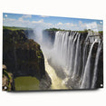 Acrylic glass wall art showcasing a vibrant waterfall landscape design, side view with mounting pins visible, perfect for adding a serene touch to modern interiors.