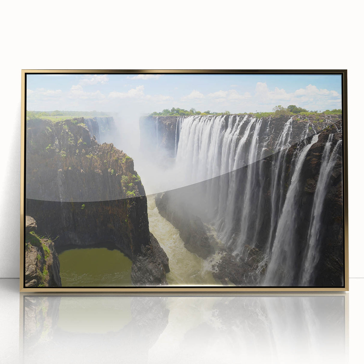 Framed acrylic wall art showcasing a serene waterfall landscape with vibrant greens and golden accents, perfect for home decor, adding a tranquil touch to any space.