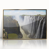 Framed acrylic wall art showcasing a serene waterfall landscape with vibrant greens and golden accents, perfect for home decor, adding a tranquil touch to any space.
