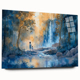 Acrylic wall art showcasing a serene waterfall landscape, designed for modern decor, viewed from the side without pins, emphasizing vibrant colors and details.