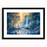 Framed black wall art print showcasing a serene landscape of cascading waterfalls, featuring a matte finish and elegant design, perfect for home decor.