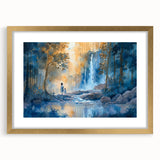 Framed wall art featuring a serene waterfall landscape design, elegantly matted with a gold frame, ideal for enhancing home decor with natural beauty.