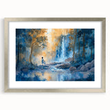 Framed silver wall art featuring a stunning waterfall landscape design, complete with a mat for an elegant presentation, ideal for enhancing home decor.