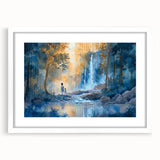 Elegant wall art featuring a serene waterfall landscape design, framed with a white mat, ideal for enhancing home decor with nature-inspired aesthetics.