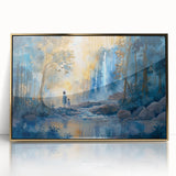 Framed acrylic wall art featuring a stunning waterfall landscape design with vibrant colors and gold accents, perfect for home decor and enhancing any room's ambiance.