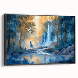 Framed canvas wall art featuring a serene waterfall landscape, showcasing vibrant greens and blues, with a sleek black frame and side view perspective, perfect for home decor.
