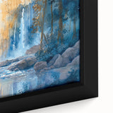 Close-up of a framed canvas artwork showcasing a vibrant waterfall landscape, featuring lush greenery and flowing water, perfect for enhancing home decor.