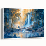 Framed canvas wall art featuring a vibrant landscape waterfall design, showcasing lush greenery and cascading water, presented in a sleek white frame, perfect for home decor.