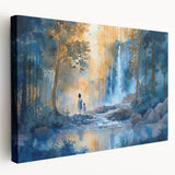 Stretched canvas wall art featuring a serene landscape with a cascading waterfall, surrounded by lush greenery, perfect for home decor and relaxation themes.