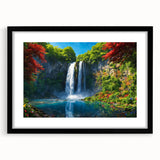 Framed wall art featuring a vibrant waterfall landscape design, accented with a black mat, showcasing a serene and calming nature scene ideal for home decor.